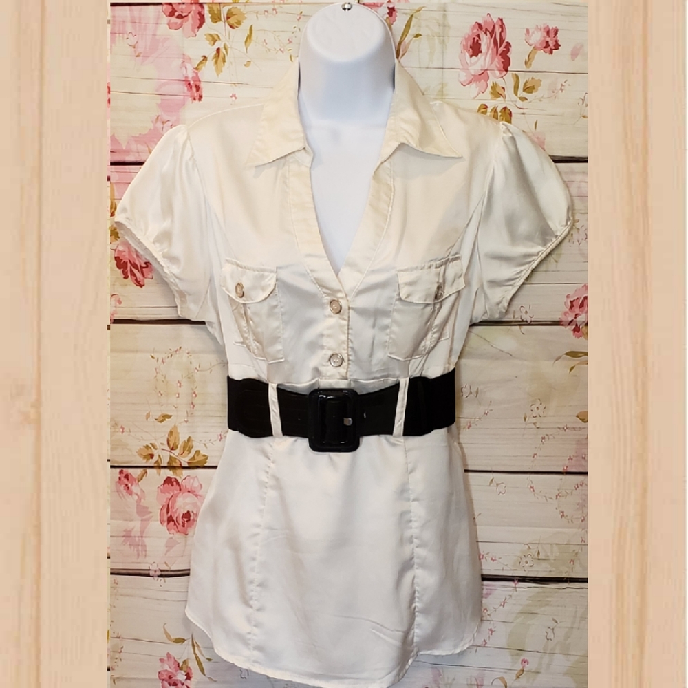 White Fitted Silky Belted Blouse